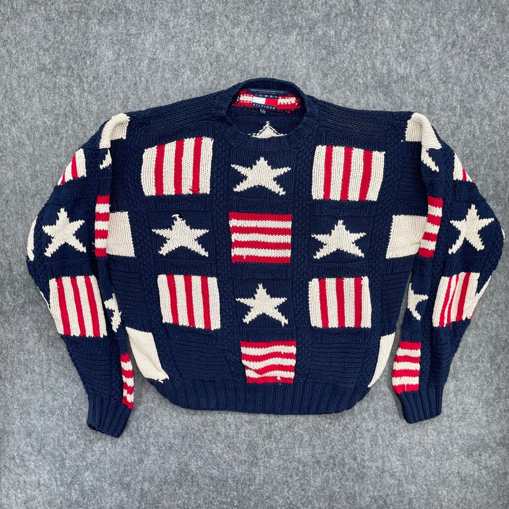 Vintage Tommy Hilfiger Sweater Mens XL Stars Stripes Knit Sweater Navy Red White